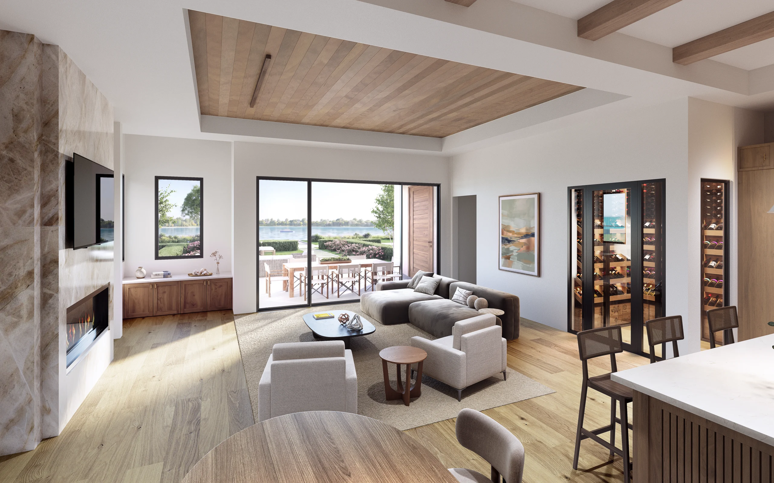 Modern living room in Lake Norman townhomes, featuring large windows with lake views, cozy seating, a fireplace, and a wine cooler.