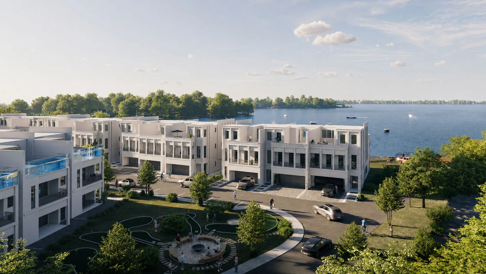 Modern Lake Norman townhomes with balconies, near a scenic waterfront. Cars and people in landscaped surroundings, boats on the lake.