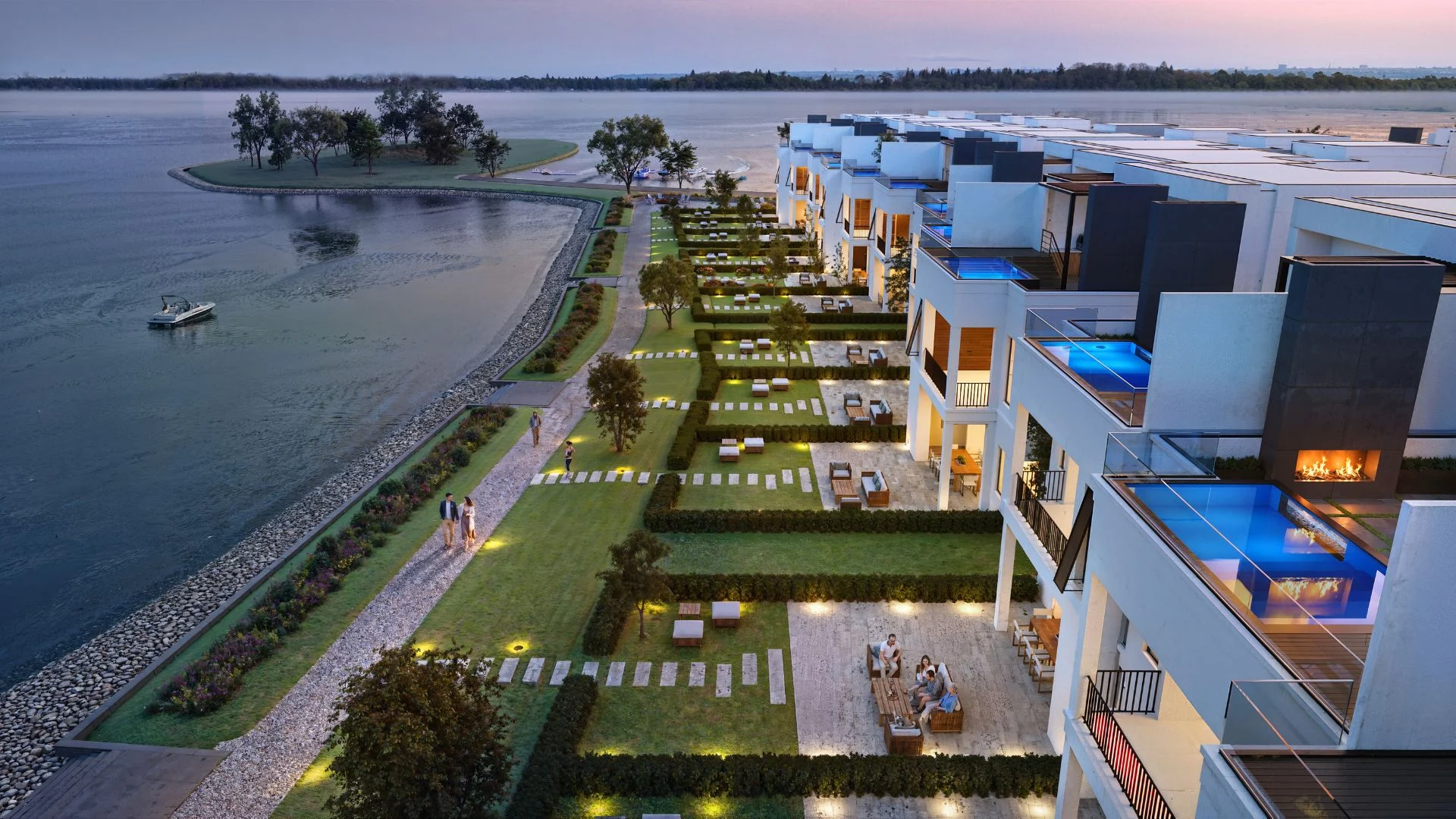 Modern Lake Norman townhomes at sunset with terraces, pools, and landscaped gardens overlooking serene water, boat in the distance. Modern Lake Norman townhomes at sunset with terraces, pools, and landscaped gardens overlooking serene water, boat in the distance.