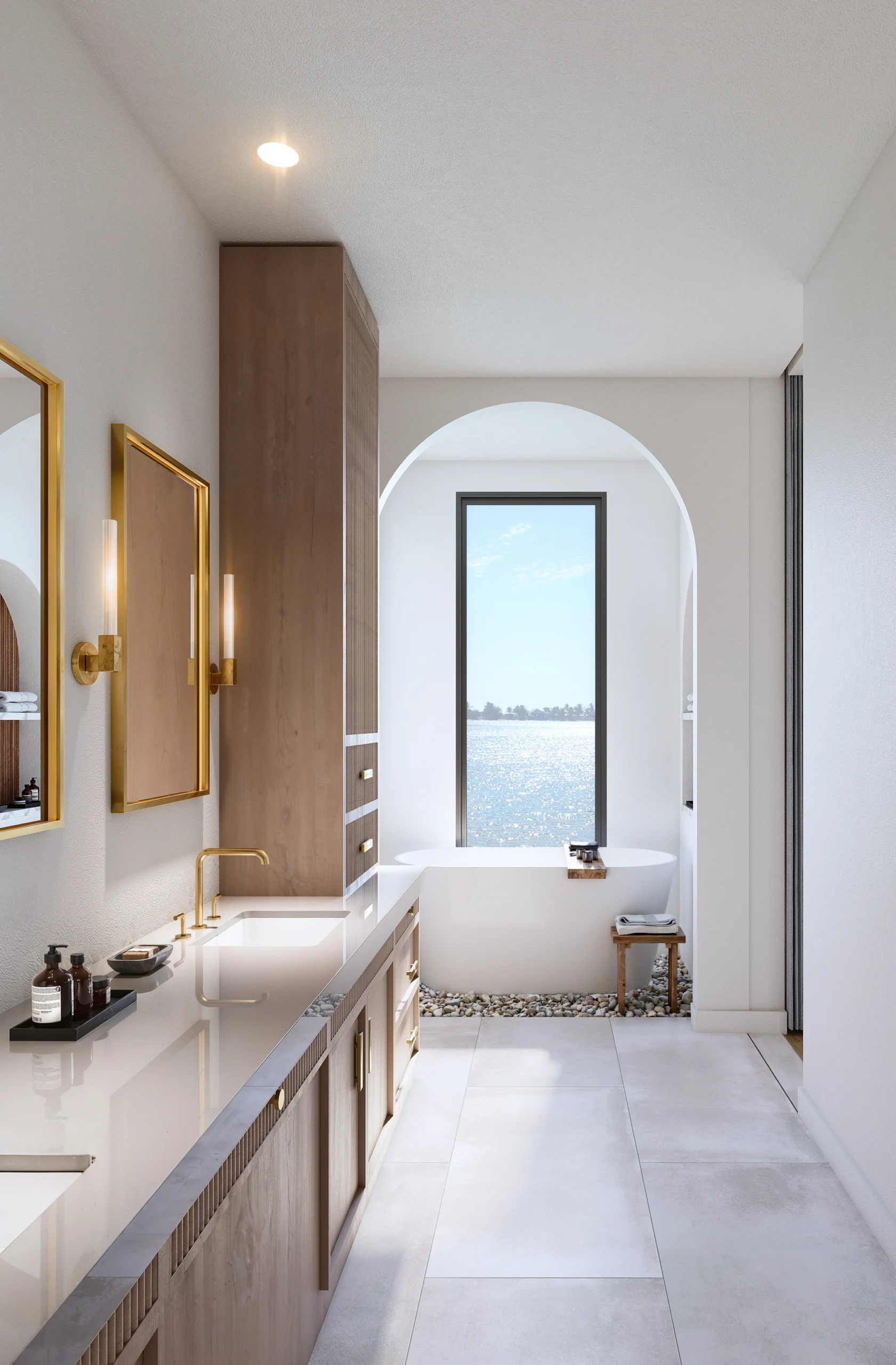 Modern bathroom with gold accents, large window overlooking the water, and elegant fixtures, typical in Lake Norman townhomes.